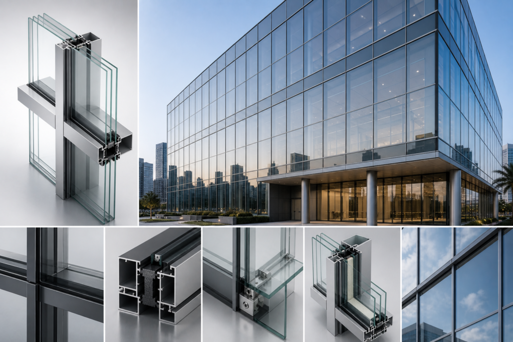 Schuco aluminium facade system Oman modern building glass curtain wall ؟